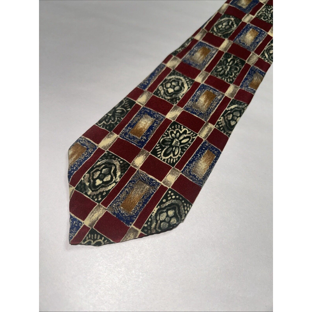 Bill Blass Silk Tie Red With Florals Geometric Blocks